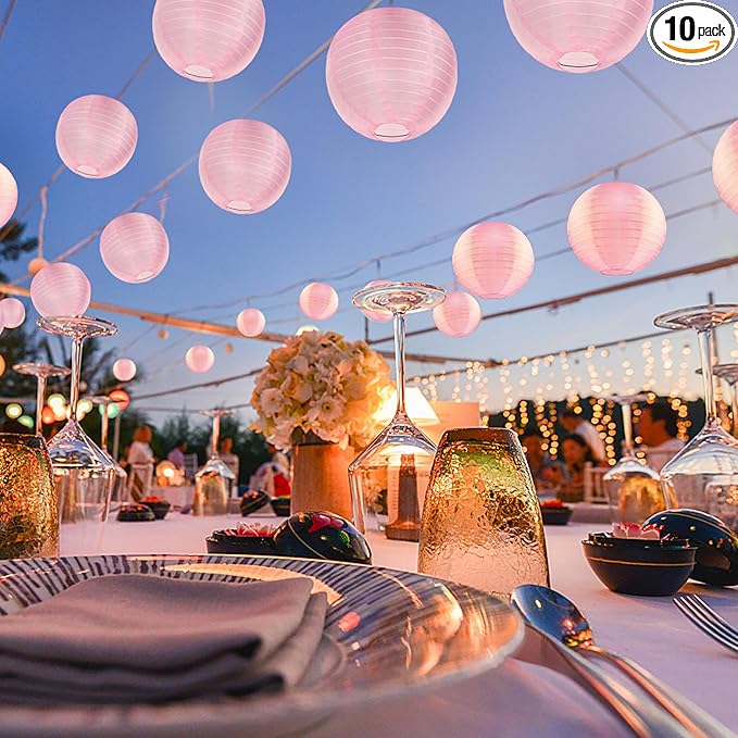 KNONEW 10 Pack Outdoor Silk Lanterns Decorative, 10inch Waterprooof Outside Indoor Chinese Hanging Round Lanterns for Weddings, Birthdays, Parties Decoration (Pink)