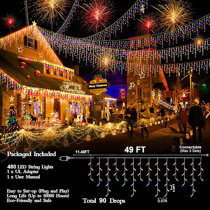 480 LED 49FT Christmas Lights Plug in 8 Modes with Timer Dimmable Christmas Decorations Outdoor Waterproof Indoor Curtain String Lights for Roof Porch Garden Holiday Wedding Party Decor Multi Colored