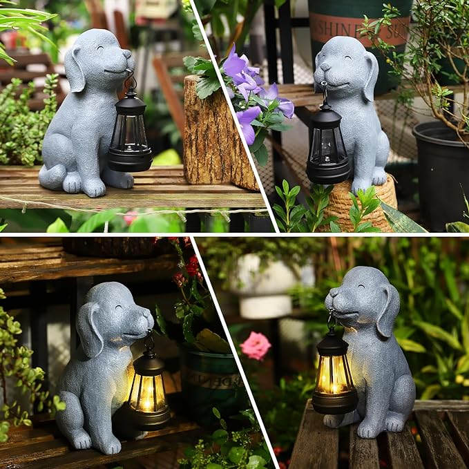 Solar Dog Statues for Garden Decorations Solar Garden Statues for Patio, Balcony, Yard Ornament Unique Housewarming Gifts Figurine Lights, Gray