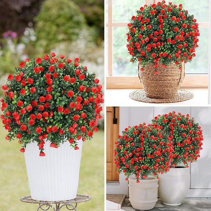 Artificial Red Rose Topiary Ball Tree 25" with Ground Spike, Set of 2 Artificial Boxwood Bushes for Faux Shrubs, Fake Evergreen Faux Plant for Indoor Outdoor Porch Garden -UV Resistant–Fade-Proof