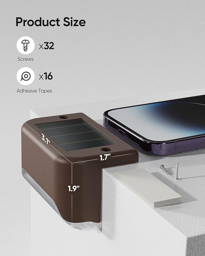 JACKYLED Solar Fence Lights 16 Pack Outdoor Solar Deck Light IP65 Waterproof Solar Step Lights Outdoor Lighting for Garden Deck Fence Railing Stair Patio Yard Pathway, Brown