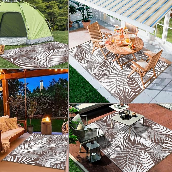 HiiARug Outdoor Rugs 9'x12' for Patios Clearance Brown Reversible Outdoor Rug, Outdoor Plastic Straw Rug RV Camping Rug Large Outdoor Mat for RV, Patio, Backyard, Deck, Picnic, Beach, Trailer, Camping
