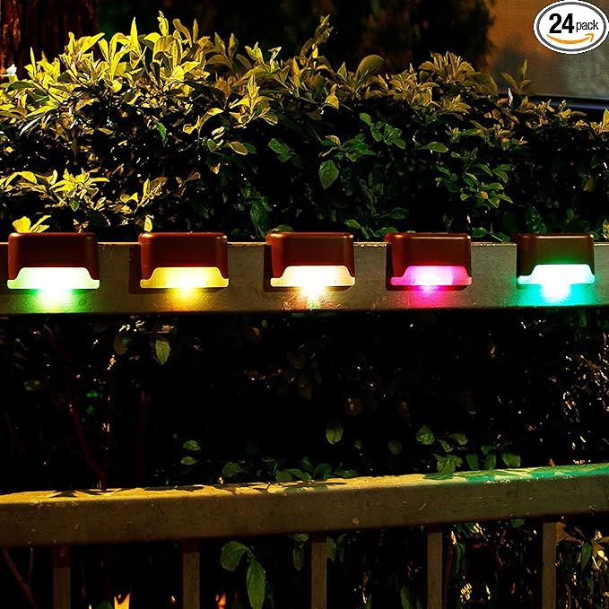 pearlstar 24 Pack Waterproof Led Solar Step Lights,Color Changing Light up Swimming Pool Accessories Night Lights,Outdoor Deck Lights for Stairs, Step, Fence, Yard, Patio, and Pathway Decor（Brown）