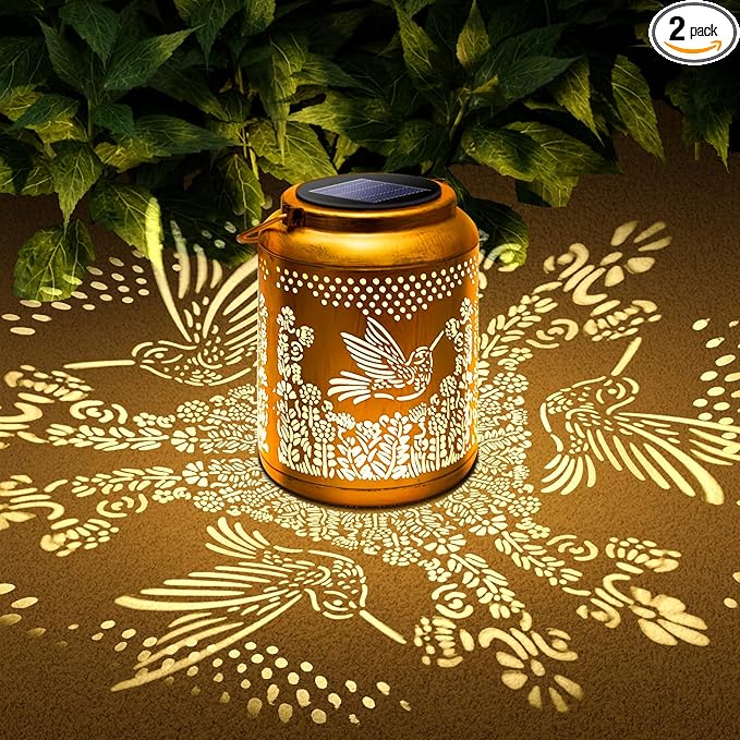 Hyrion Hummingbird Solar Lanterns Outdoor Waterproof Metal Hanging Lights, Garden Decor Gifts for Women, Mom, Grandma Solar Decorations for Yard, Patio, Backyard, Porch, Lawn, Tabletop (2 Pack)