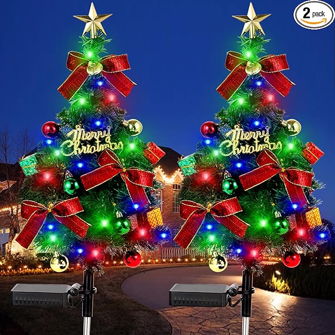Solar Christams Tree Lights 2PCS Solar Xmas Tree Lights Garden Pathway Decor Outdoor Waterproof 40LED-Lights with Constant & Flashing Modes for Christmas Decoration of Yard Lawn