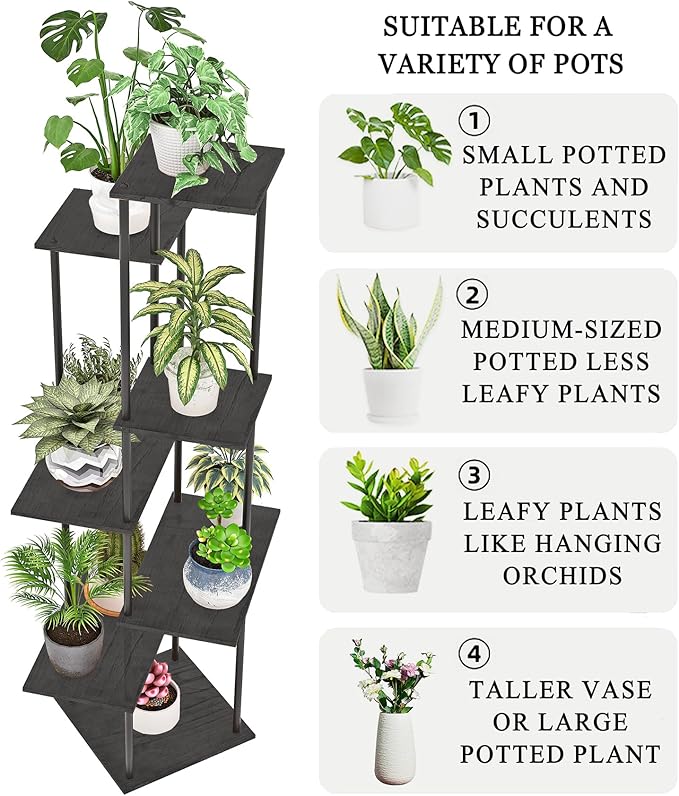 Plant Stand Indoor 7-Tier Metal Wood Plant Shelf for Multiple Flower Pots Corner Tall Flower Holders for Living Room Balcony Bedroom, Black