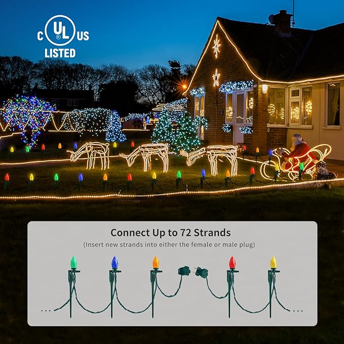 SURAIELEC C9 Christmas Pathway Lights, 25FT Outdoor Christmas Light with 25 Stakes, 25 Multicolored LED Bulbs, Connetable String Lights for Yard, Walkway, Driveway Decor, Waterproof, UL Listed