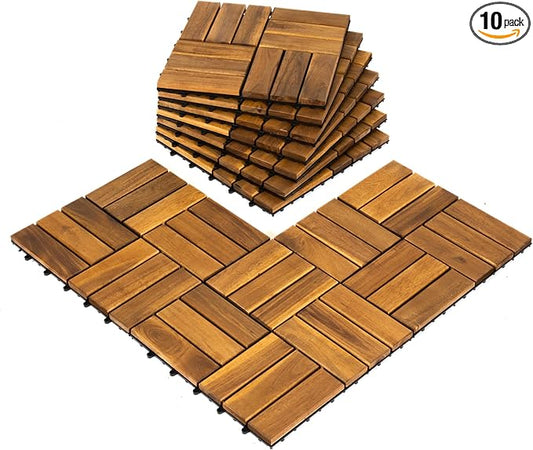 Pack of 10 Deck Tiles - 12"x12" Interlocking Natural Solid Acacia Wood for Outdoor & Indoor, Patio Garden, Balcony, Poolside - Natural Color
