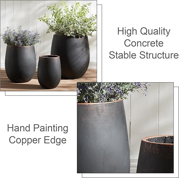 15.5" H Outdoor Concrete Planter, Round Flower Pot with Drainage Hole and Silicone Plug, Plant Container for Garden, Patio, Home, Office, Black, Copper Rim, 1 Pack
