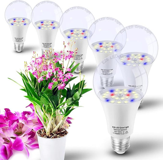 E26 A19 LED Plant Grow Light Bulbs Indoor Plants Full Spectrum,LED Sun Light Bulbs Plant Growing 100W Equivalent with Balanced Spectrum 5000K Red Blue Yellow for Seeds Greens Flower Fruit Garden,6Pack