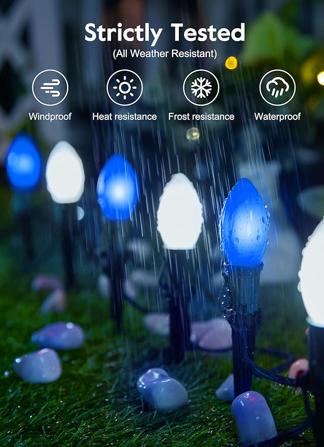 Brightown Frosted C9 LED Christmas Lights Outdoor, 32Ft Christmas Pathway Lights with 25 LED Bulbs and Stakes, Christmas Decorations Outside Driveway Walkway Sidewalk, Blue and White