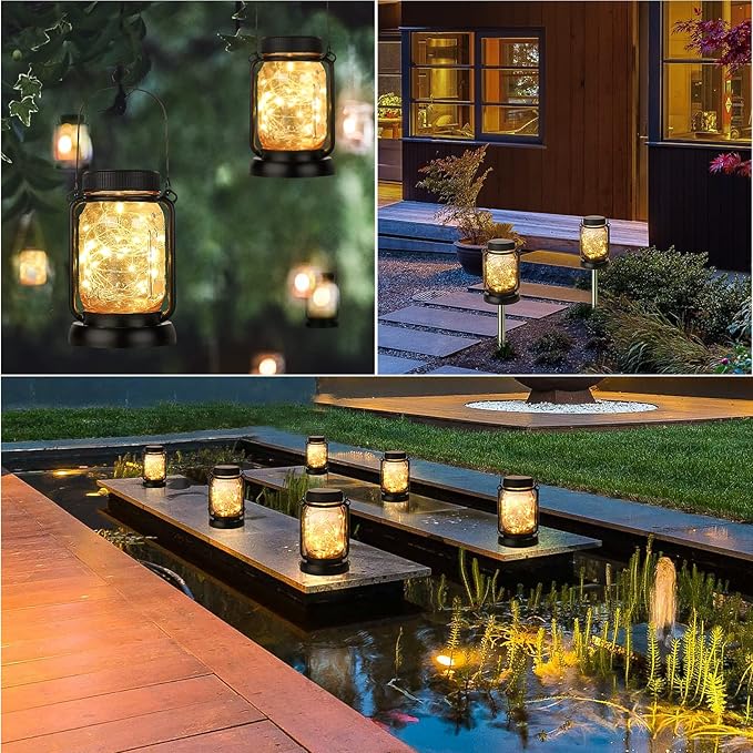 Mlambert 4 Pack Solar Hanging Lantern with Stakes, Outdoor Waterproof Solar Mason Jar Fairy String Lights Decorative Vintage Glass Lamp-Warm White