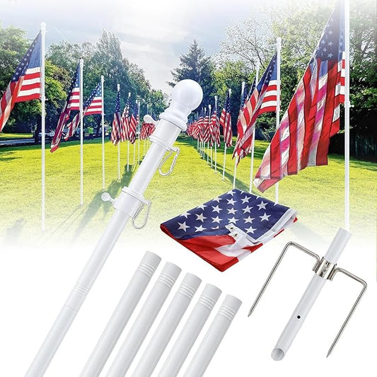 2 Pack Ground Flag Pole for Outside House - 8.5 FT Tangle Free Heavy Duty Flag Pole Kit with Windproof Stand,Outdoor Inground Flag Holder for Yard Garden, Includes Bonus 3x5 American Flag, White