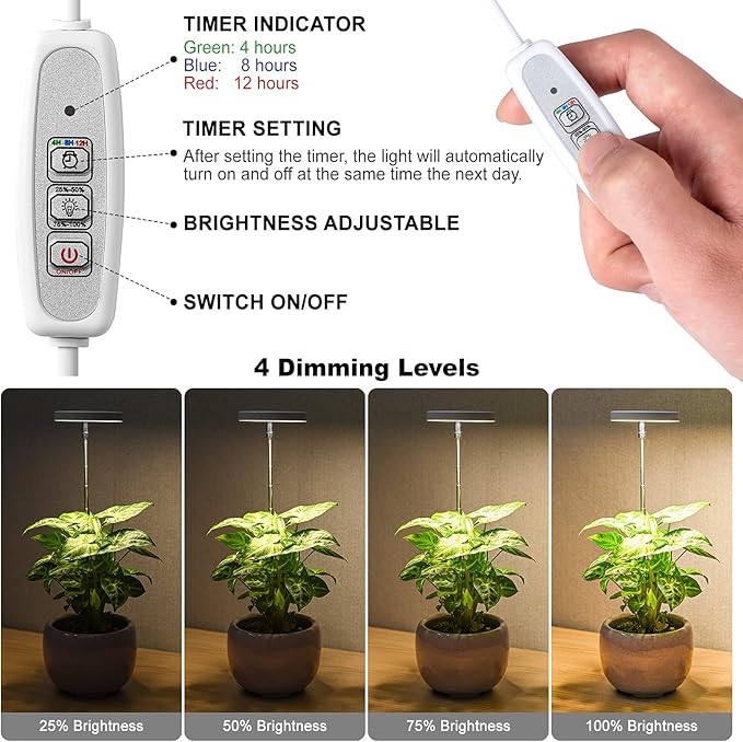 LORDEM Grow Light, Full Spectrum LED Plant Light for Indoor Plants, Height Adjustable Growing Lamp with Auto On/Off Timer 4/8/12H, 4 Dimmable Brightness, Ideal for Small Plants