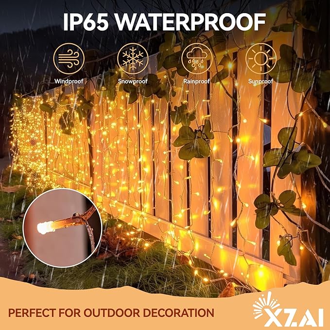 XZAI Solar Icicle String Lights 800LED 50FT Warm White Remote Connectable 2400mAh USB Rechargeable 8 Modes Timer Dimmable IP65 Waterproof Twinkle for Outdoor Christmas & Wedding & Party Decors