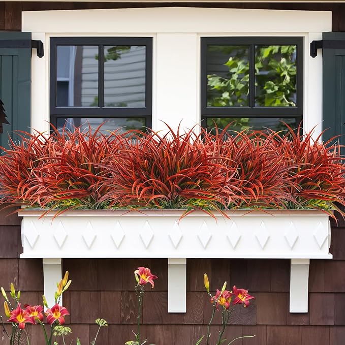 Uieke 28 Bundles Artificial Outdoor Plants UV Resistant Fake Grass Plants Faux Plastic Plants Greenery Shrubs for Home Garden Pathway Window Box Front Porch Cemetery Fall Decor, Autumn Red