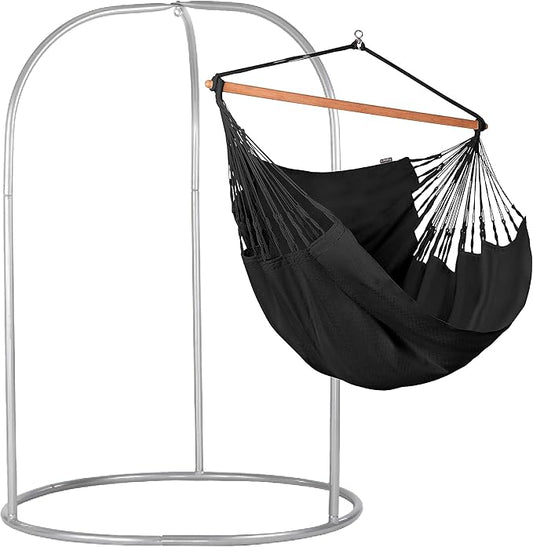 LA SIESTA - XL King Habana Cotton Hammock & Romano Steel Stand - Indoor Outdoor Hanging Chair Swing for Bedroom Porch Balcony - Boho Hanging Chair - Onyx