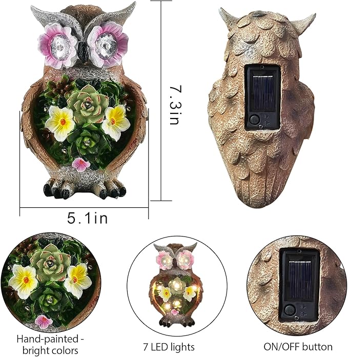 Owl Garden Statue,Solar Garden Statues with Flower LED Lights, Resin Owl Figurine for Lawn Patio Porch Yard Deco Gifts for Women/Mom/Grandma