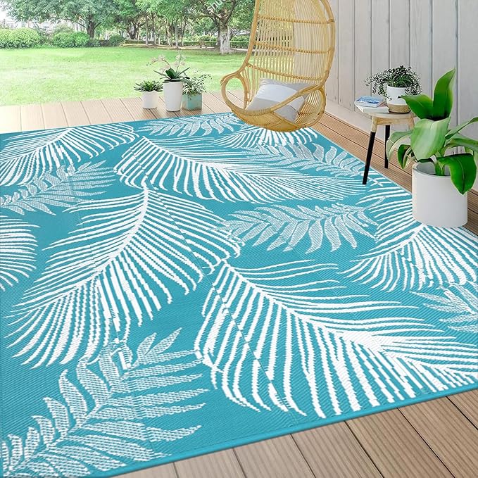 Pauwer Waterproof Outdoor Rug 9x12, Reversible Plastic Straw Patio Camping Rug, Indoor Outdoor RV Mat Carpet for Deck, Camper, Porch, Balcony, Backyard, Picnic, Leaf Teal