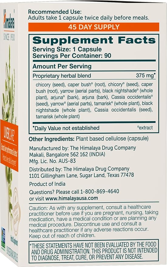 Himalaya LiverCare Herbal Supplement, Liver Cleanse 375 mg, 90 Capsules, 45 Day