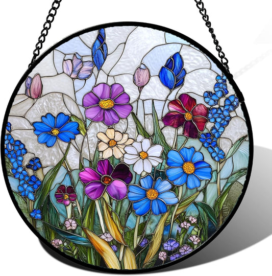 Stained Glass Window Hanging Blue Purple Wildflowers 7.8" - Suncatcher Door Garden Sunroom Sun Catcher Home Decor Birthday Christmas for Mom Men Woman Nana Friend