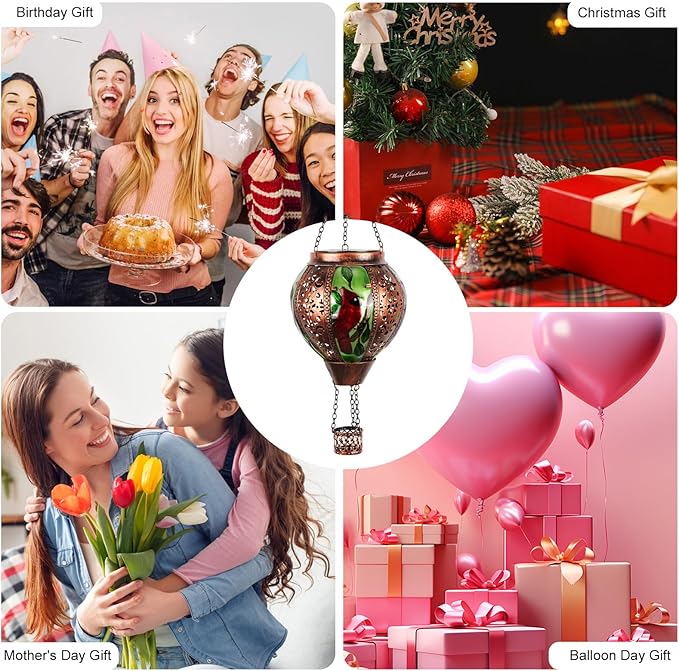 Hot Air Balloon Solar Lantern Outdoor - Flame Hanging Solar Light Waterproof Lanterns for Patio Garden Yard Farmhouse Decor, Great Gift(Cardinal 2)