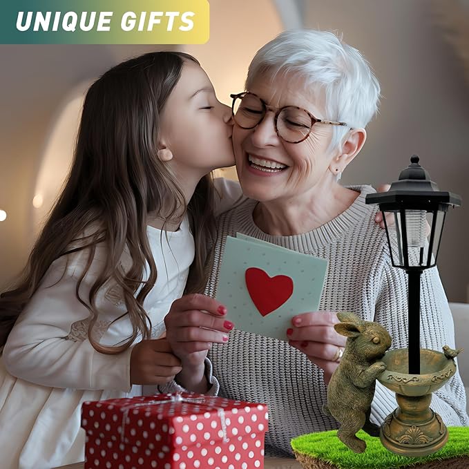 Rabbit Garden Statue with Solar Lantern - 15.8“ Outdoor Bunny Statue Bronze Resin Rabbit Figurines for Outside, Yard, Patio, Lawn Decor, Housewarming Gifts for Women, Mom