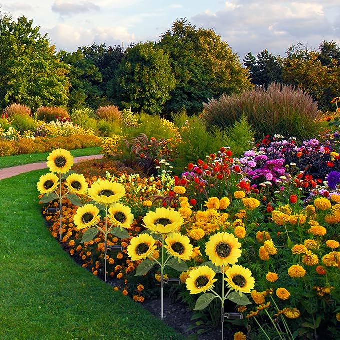 Solar Sunflower Lights, 800mA Solar Garden Light with Real Looking Flowers Outdoor Waterproof Solar Stake Lights for Back Yard, Flower Bed, Pathway, Patio, Porch, Fall Decoration (4 Pack)