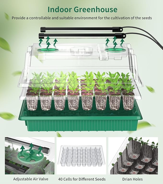 Seed Starter Tray, 80-Cells Seedling Starter Trays with Grow Light and Humidity Dome, Reusable Seed Germination Kit for Indoor Gardening Seed Starting (2 Pack, Green Base)
