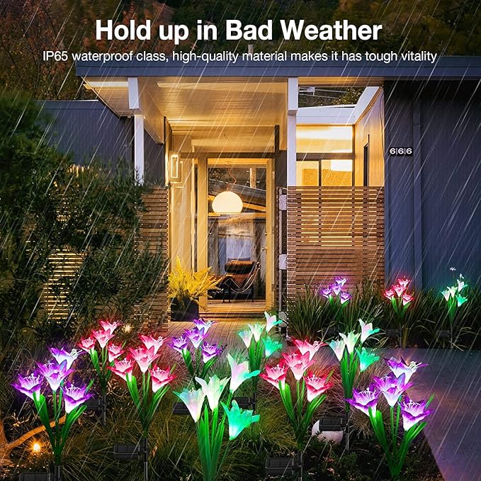 KOOPER Solar Lights, 4 Pack Lily Flower Lights, Waterproof 7 Color Changing - Bigger Solar Panel for Outdoor Patio Yard Garden Decoration
