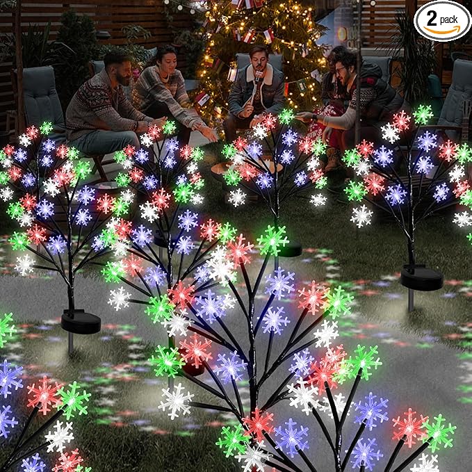 Multicolor Snowflakes Solar Pathway Lights for Christmas Decorations Outdoor - 2PACK 40LED Christmas Stake Lights, Waterproof Outdoor Snowflakes Solar Christmas Lights for Garden Yard Patio Xmas Decor