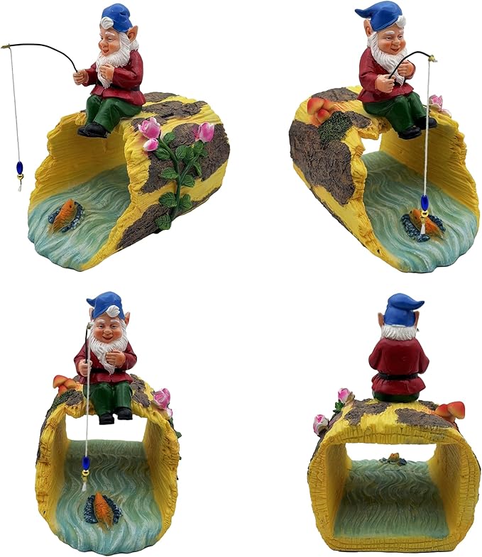 Gnome Fishing 3" x 4" Gutter Downspout Splash Block Decor, Outdoor Garden Animal Statue & Sculpture, Weather-Resistant Gutter Diverter Rain, Decorative Gutter Extension Downspout Ornament