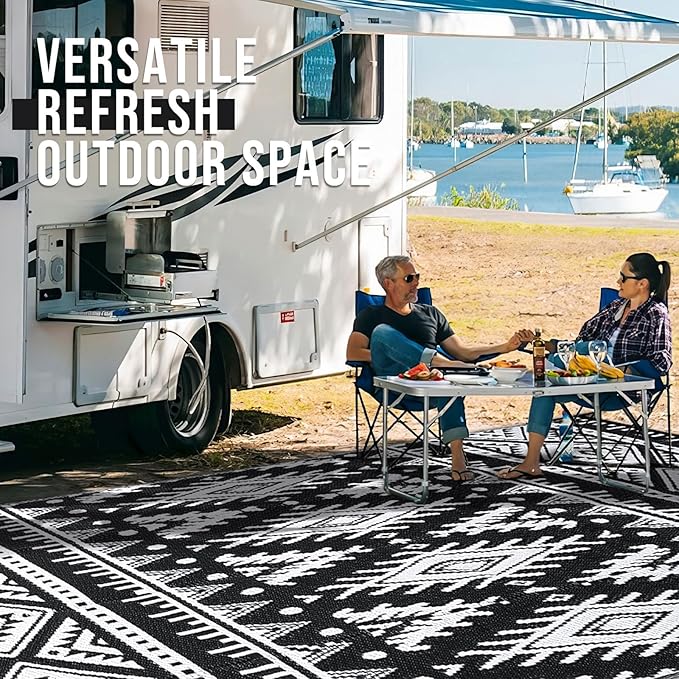 OLANLY Outdoor Rug Waterproof 9x18 ft, Reversible Outdoor Plastic Straw Rug, Boho Patio Rug, Indoor Outdoor Carpet, RV Mat Outside for Patio, Camp, Picnic, Balcony, Deck, Backyard, Black & White