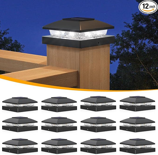 APONUO Solar Post Cap Lights for 4x4 Wood & Vinyl Posts, IP44 Waterproof Cool White LED 4x4 Post Solar Lights, Outdoor Garden Patio Yard Decor, 12 Pack (Black)