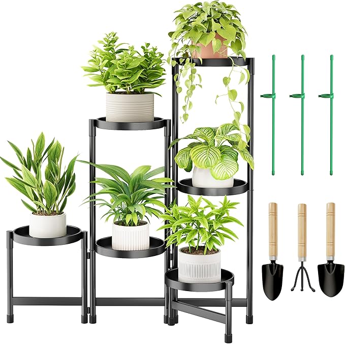 6 Tier Metal Plant Stand Indoor, Rotatable Corner Plant Shelf Outdoor, Tiered Flower Pot Display Stand, Black Multiple Plants Holder for Patio Living Room Balcony Garden Home Decor