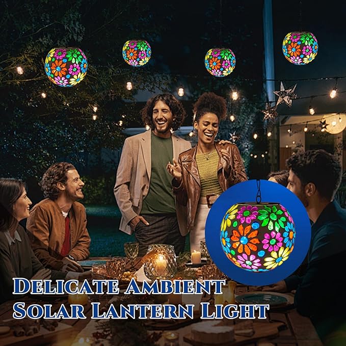 Colorful Solar Hanging Lanterns Glass Mosaic Gazing Ball Globe Hanging Lantern Lights Outdoor Waterproof for Patio Garden Yard Home Decor (Flowers)