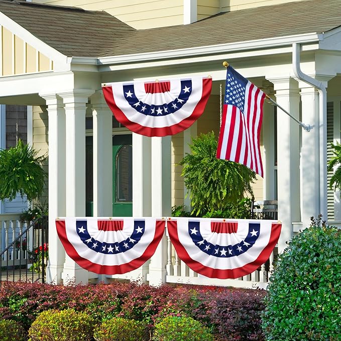 4 Pack USA Pleated Bunting Fan Flags, 1.5x3 Ft Patriotic Half Fan Banner American Flag Decoration Bunting for Outside Red White and Blue Decor Independence Day Memorial Day 4th of july Decorations