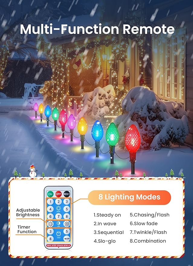 Minetom Solar Double C9 Strawberry Christmas Pathway Lights Outdoor -16FT 10 LED C9 Christmas Lights Outdoor with Timer,8 Modes, Solar Christmas Outdoor Decorations for Lawn Outside Walkway,Multicolor