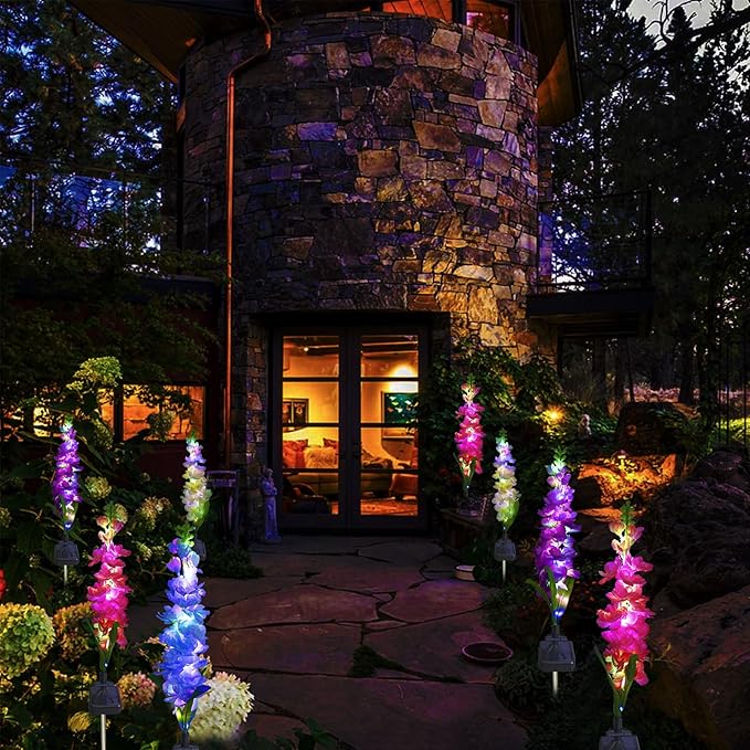 Solar Garden Lights, Solar Delphinium Flowers Lights 4 Pack 80 LEDs, Waterproof Solar Outdoor Lights Two Lighting Modes for Outside Wedding Party Garden Yard Patio Lawn Decor