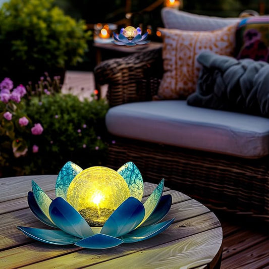 GIGALUMI Solar Light Outdoor Garden Decor, Lotus Flower Light Crackle Globe Glass Lantern Outdoor Table Decor Waterproof for Patio, Lawn, Pathway, Pool, Pond, Christmas Gift (Blue Petal)
