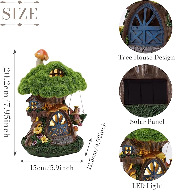 TERESA'S COLLECTIONS Fairy House Outdoor Statues with Solar Light for Garden Decor, Green Moss Resin Outdoor Cottage with Swinging Fairy, Lawn Ornaments Yard Decor Gifts for Mom Women, 8"