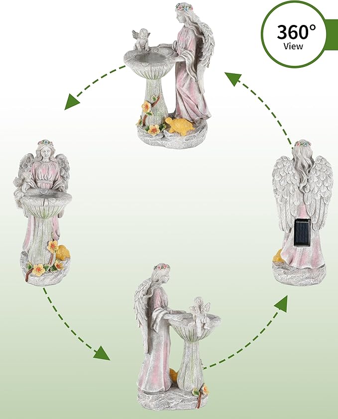 iStatue Solar Angel with Mushroom Bird Bath Statue - 9.5'' Garden Decor for Outside Clearance, Color-Changing Lights Lawn Ornaments Baby Turtle Figurine for Yard Patio, Balcony Gifts (Angel)