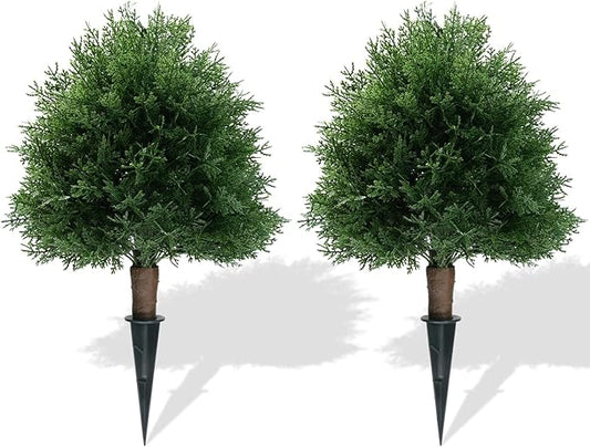 20" Artificial Cedar Topiary Ball Trees with Ground Spike, 2 Pack UV Resistant Artificial Shrubs, Fake Evergreen Artificial Plant Brush for Indoor Outdoor Front Porch Garden