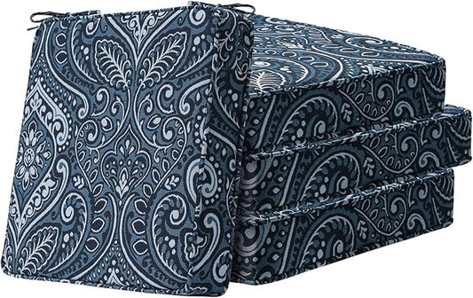 Square Corner Seat Cushions, 19" x 19" x 3", Set of 4, Indoor Outdoor Water Repellent Universal Chair Pads with Ties for Patio Furniture, Garden Deck Dining Chairs, Damask Blue Flower
