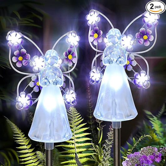 GIGALUMI Solar Angel Garden Stake Lights - 2 Pack Angel Solar Lights Outdoor Garden, Eternal Light Angel with 7 LEDs for Cemetery Grave Decorations, Memorial Gift, Christmas Yard Art, Sympathy Gifts