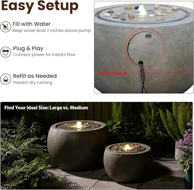 Garden Water Fountain Outdoor Bubbler Water Feature Indoor with Lights & Pump and Pebbles Waterfall Fountains Concrete Effect for Patio Deck Yard Home Decor Gray, 18 "L x 18" W x 11.5" H