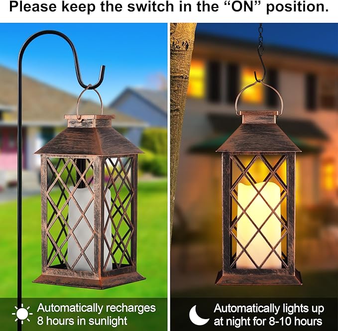 2 Pack Solar Lantern Outdoor Waterproof Garden Decor Hanging Lanterns Birthday Gifts for Women Mom 11" LED Flickering Flameless Candle Christmas Table Lights for Yard, Patio, Porch, Backyard