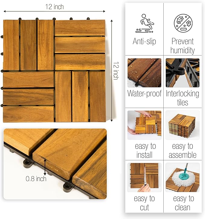 Pack of 10 Deck Tiles - 12"x12" Interlocking Natural Solid Acacia Wood for Outdoor & Indoor, Patio Garden, Balcony, Poolside - Golden Teak Color