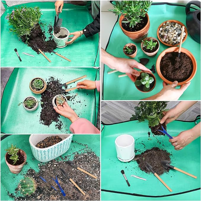 2Pcs Repotting Mat for Indoor Plants, 39''Large Potting Mat and 26''Small Planting Mat with Plant Accessories Foldable Waterproof Plant Gardening Mat, Portable Potting Tray for House Plants Succulents