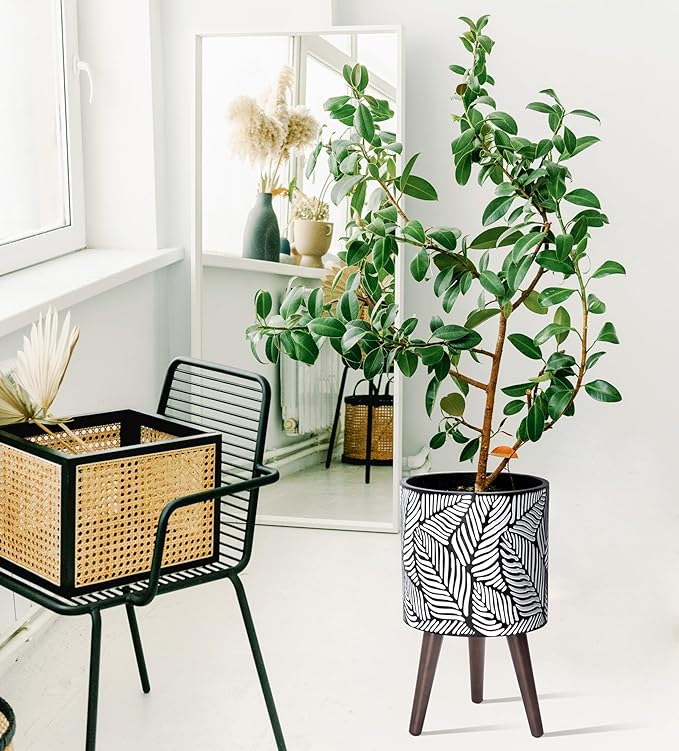 D'vine Dev 10 Inch Planter Pot with Stand, Mid-Century Tall Plant Pot with Legs for Indoor Plants, Medium, White/Grey, 88-L-B-7